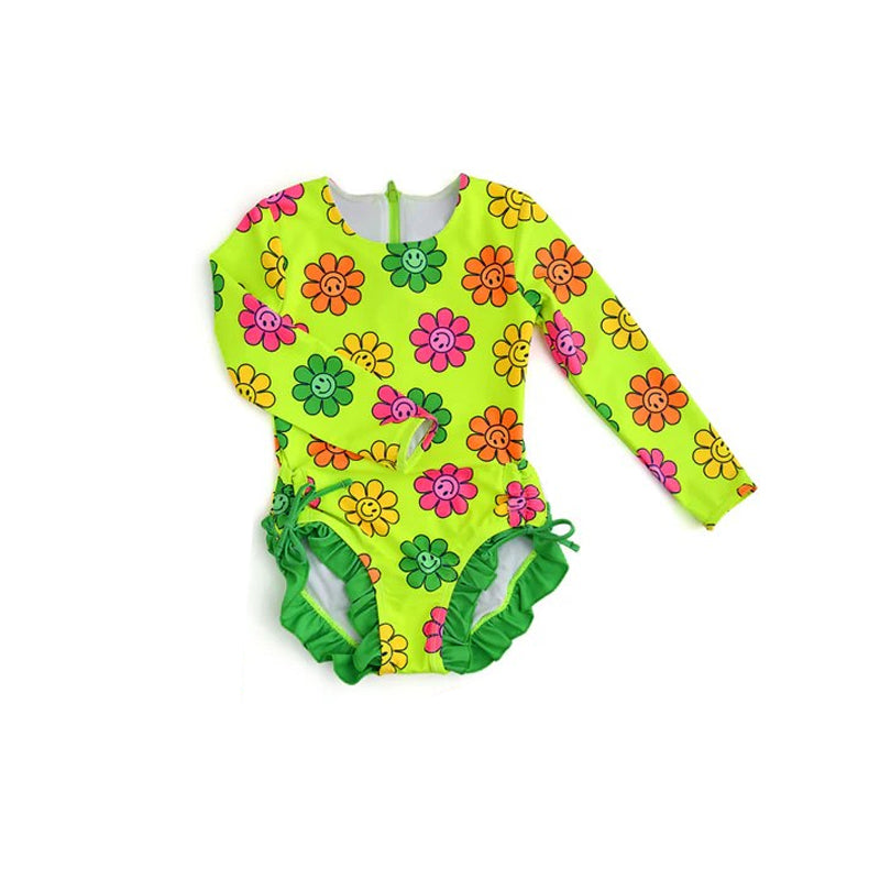 (Custom Design Preorder MOQ 5) Green Flowers Smiling Print Girls 1 Piece Long Sleeve Swimsuits