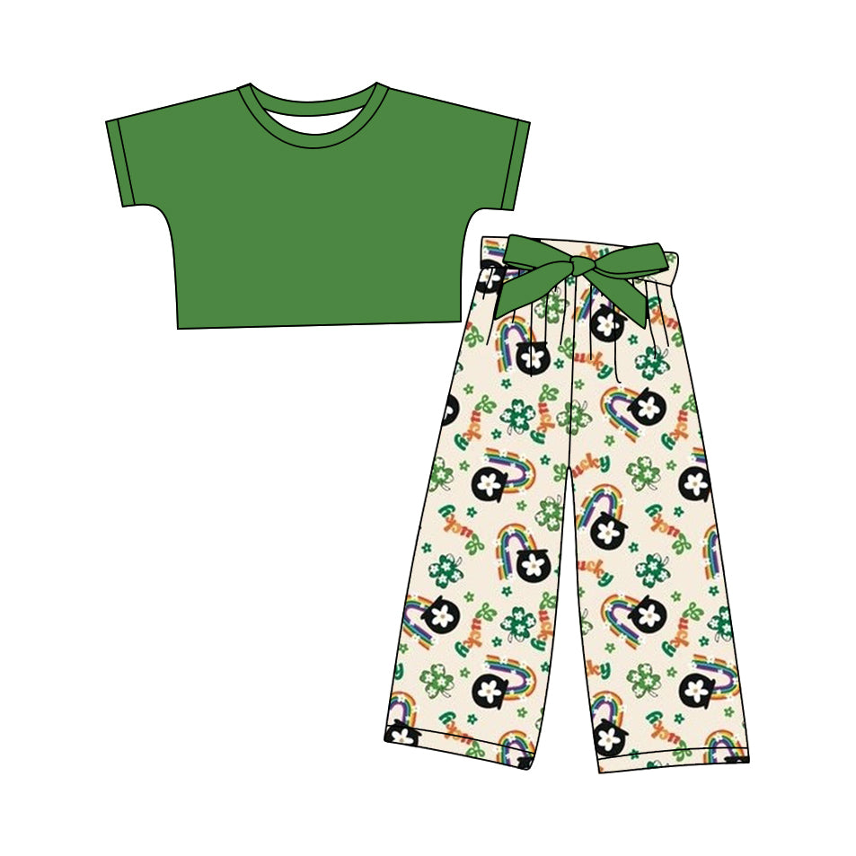 12.10(Custom Design Preorder MOQ 5) Green Top Rainbow Leaf Pants Girls St. Patrick's Day Clothes Set