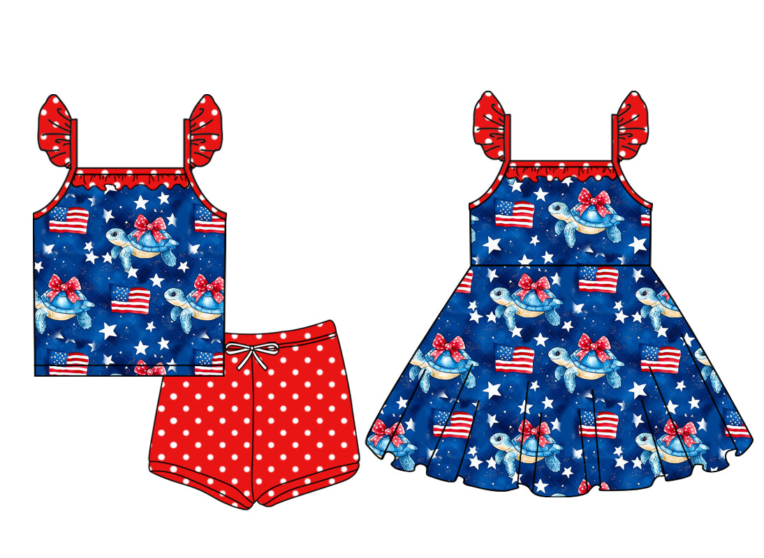 3.31(Custom Design Preorder MOQ 5 Each Design) Turtle Stars Print Girls 4th of July Matching Clothes Sisters Wear