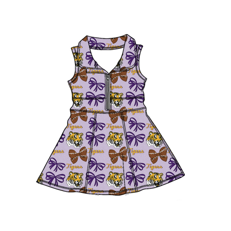 (Custom Design Preorder MOQ 5) Team's LSU Tigers Bows Print Girls Summer Zipper Yoga Dress
