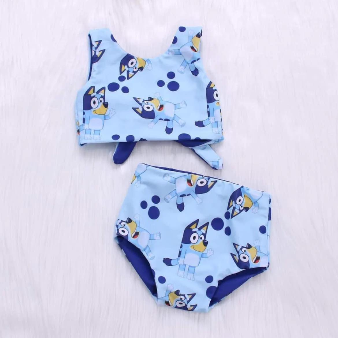 (Custom Design Preorder MOQ 5) Cartoon Dog Blue Print Girls 2 Pieces Swimsuits