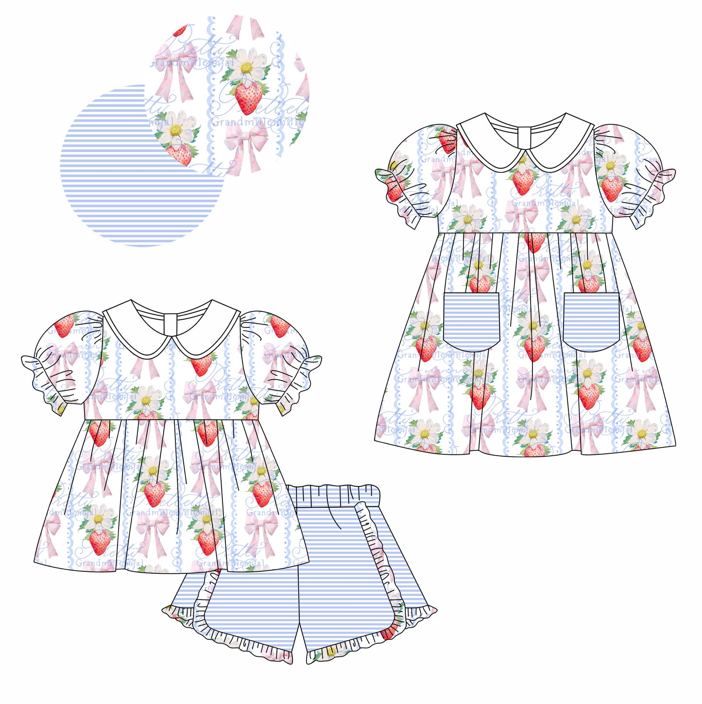 11.7(Custom Design Preorder MOQ 5 Each Design) Strawberry Flowers Print Girls Summer Matching Clothes Set Sisters Wear
