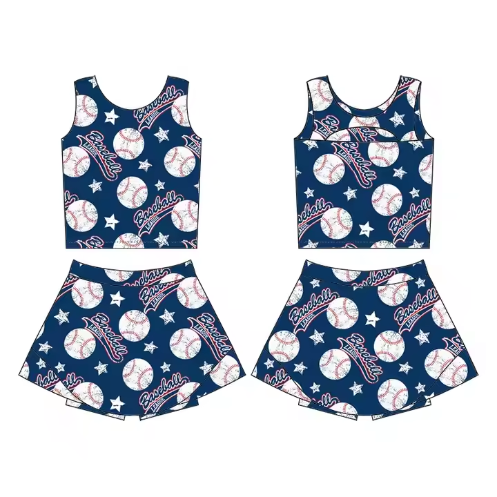 (Custom Design Preorder MOQ 5) Team's Baseball Navy Print Shorts Skirts Girls Summer Yoga Clothes Set