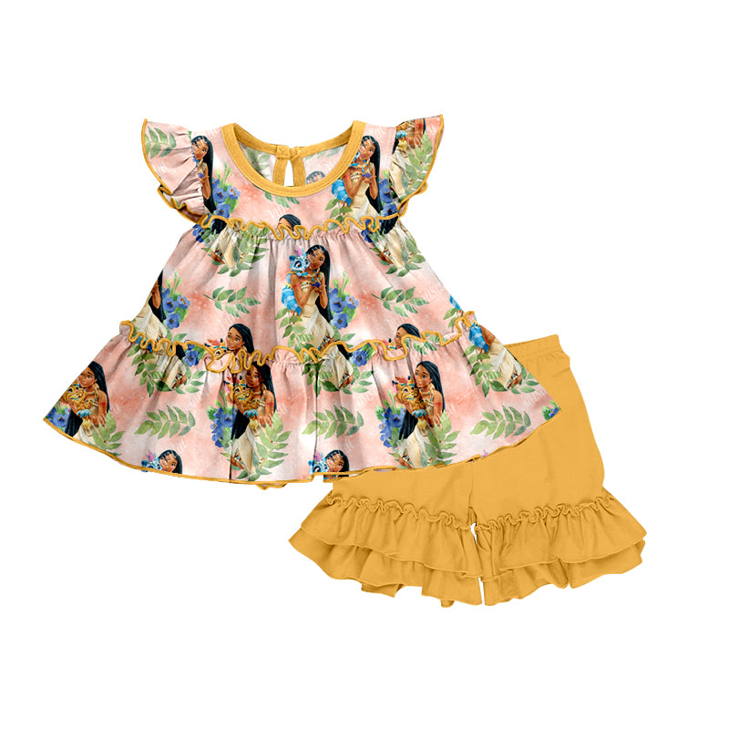 (Custom Design Preorder MOQ 5) Cartoon Princess Tunic Top Girls Summer Clothes Set