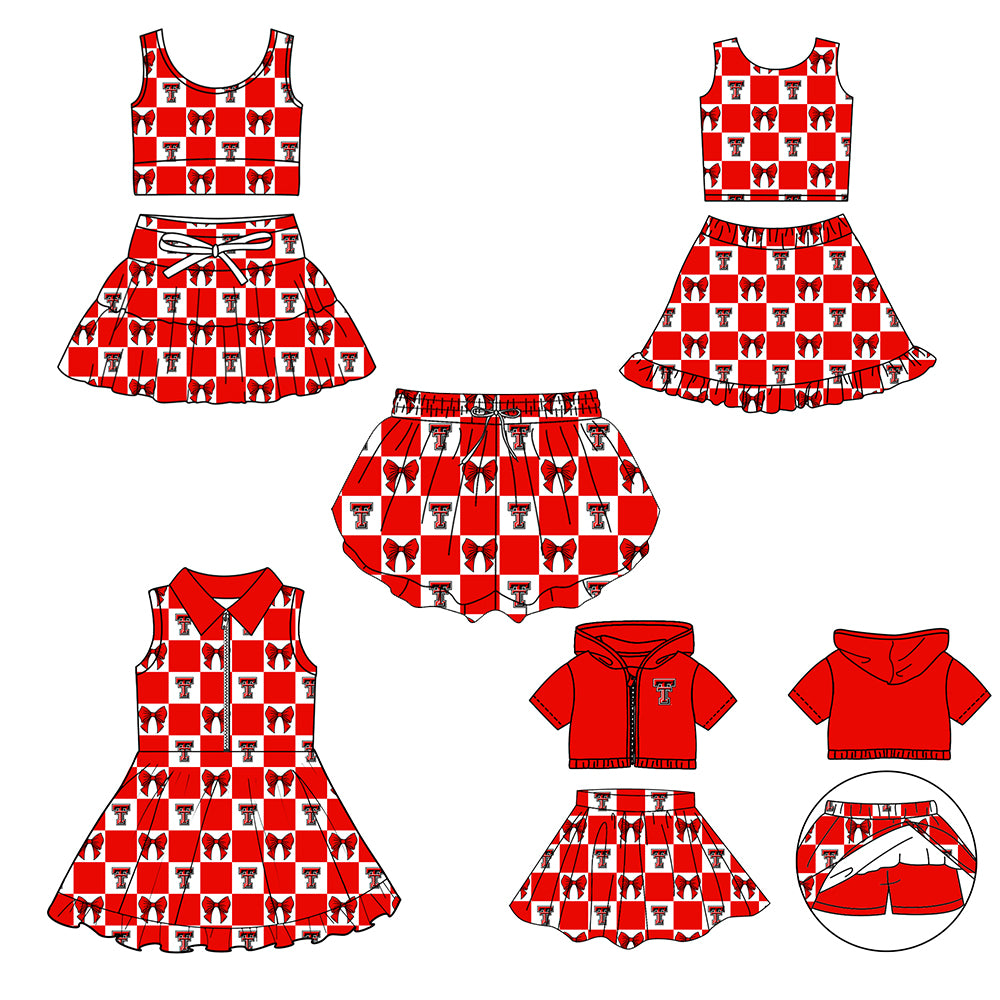 (Custom Design Preorder MOQ 5 Each Color) Team's Texas Tech Red Raiders Bows Plaid Print Girls Summer Clothes Sisters Matching Wear