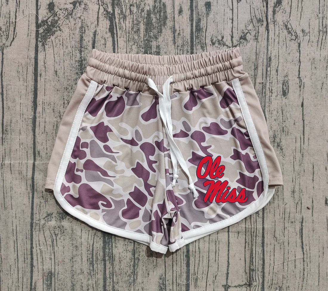 (Custom Design Preorder MOQ 5 Each Item) Team's Ole Miss Khaki Purple Camo Print Summer Bottom Shorts Mom and Me Matching Clothes