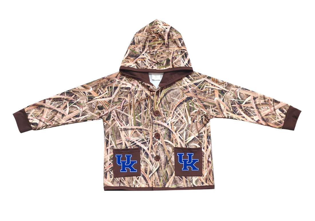 (Custom Design Preorder MOQ 5 Each Item) Team's Kentucky Grasses Camo Print Pockets Buttons Kids Fall Hoodie Jackets Top Mom and Me Matching Clothes