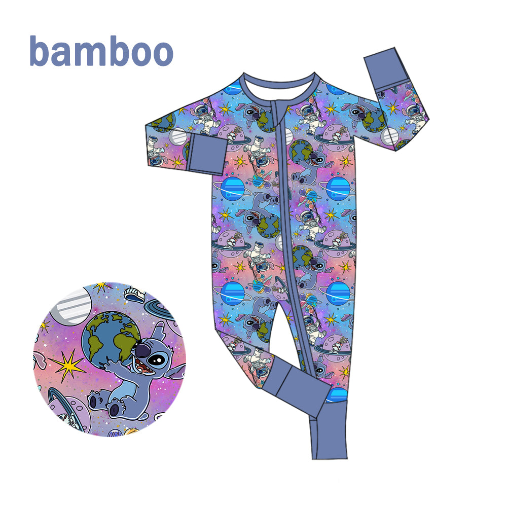 (Custom Design Preorder MOQ 20) Cartoon Stitc* Print Baby Girls Long Sleeve Bamboo Sleeper Zipper Romper