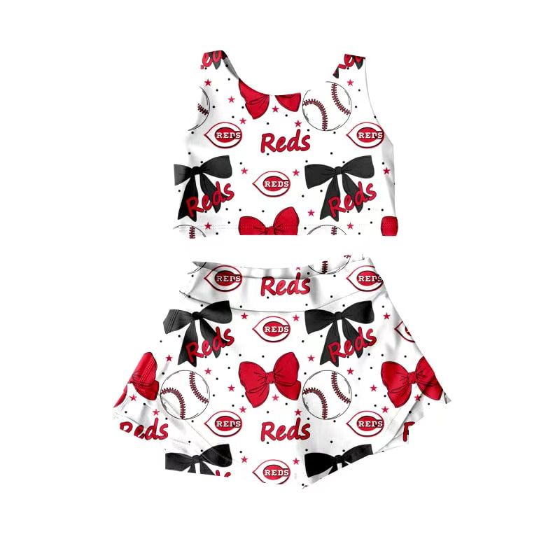 (Custom Design Preorder MOQ 5) Team's REDS Baseball Bows Print Shorts Skirts Girls Summer Yoga Clothes Set