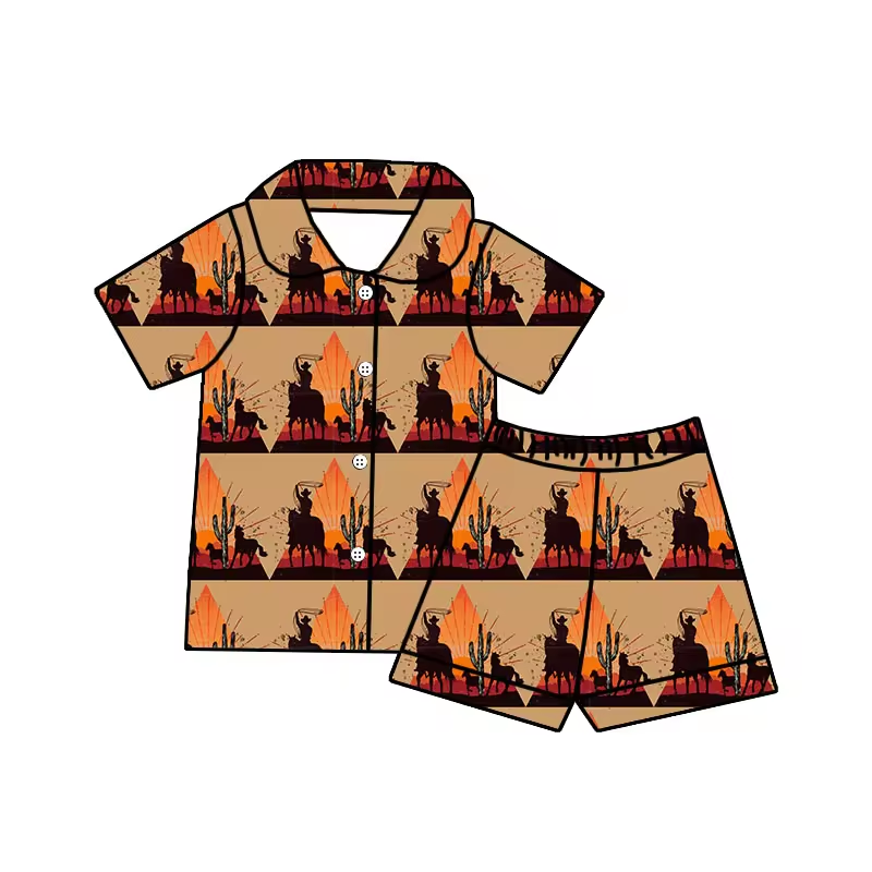 (Custom Design Preorder MOQ 5) Cowboy Print Kids Summer Pajamas Western Clothes Set