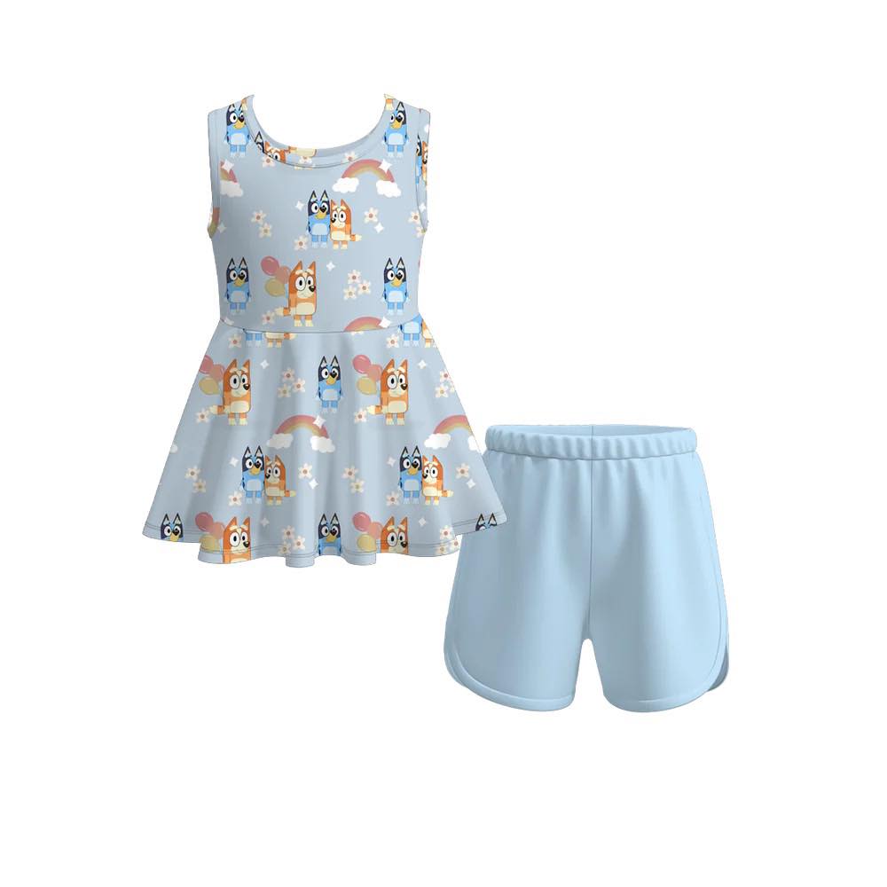 (Custom Design Preorder MOQ 5) Cartoon Dog Rainbow Top Blue Shorts Girls Summer Clothes Set