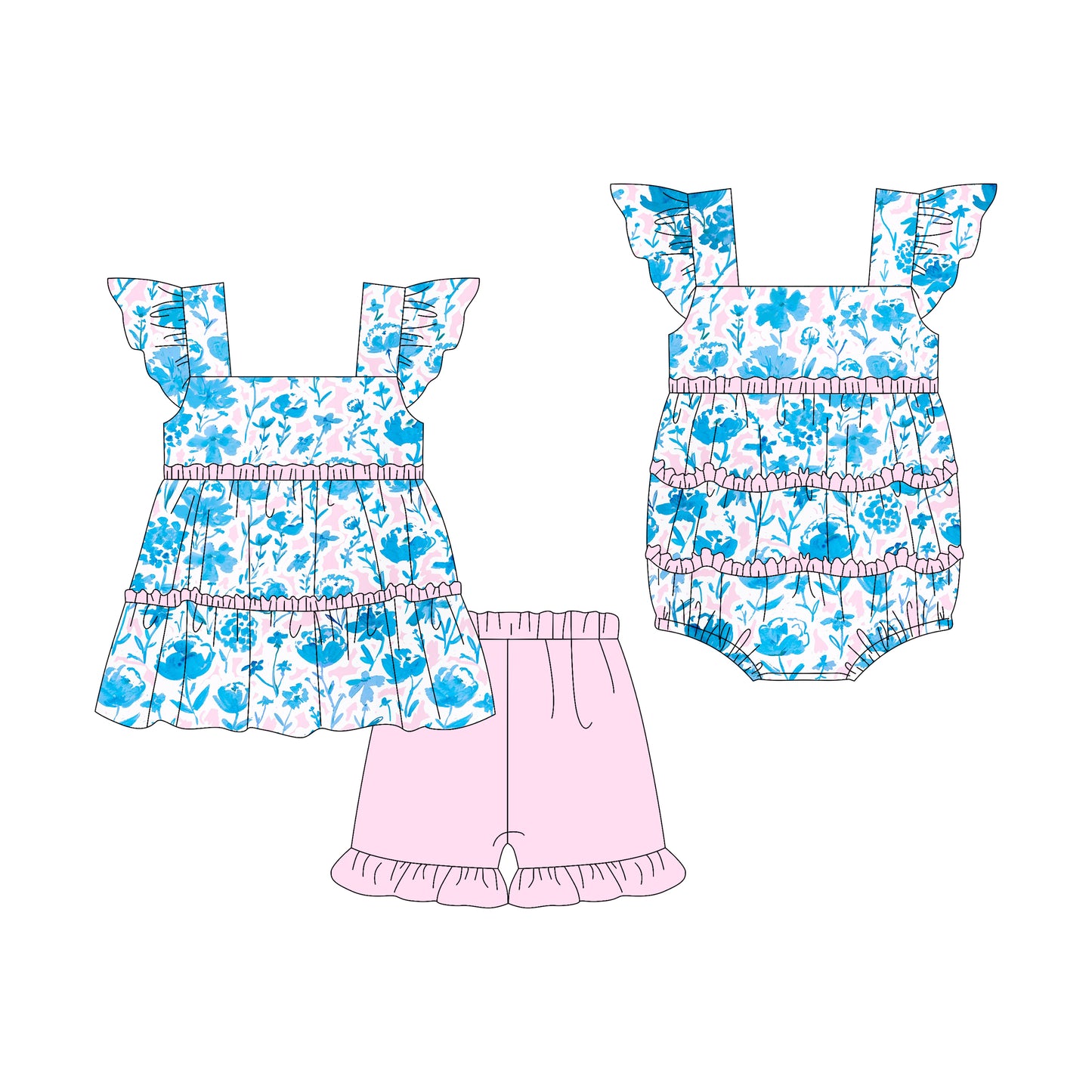3.7(Custom Design Preorder MOQ 5 Each Design) Blue Flowers Print Girls Summer Matching Clothes Sisters Wear