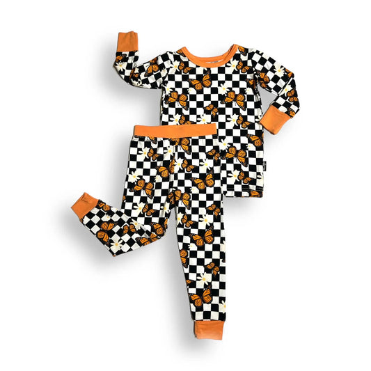 (Custom Design Preorder MOQ 20) Butterfly Flowers Plaid Print Girls Fall Pajamas Bamboo Clothes Set