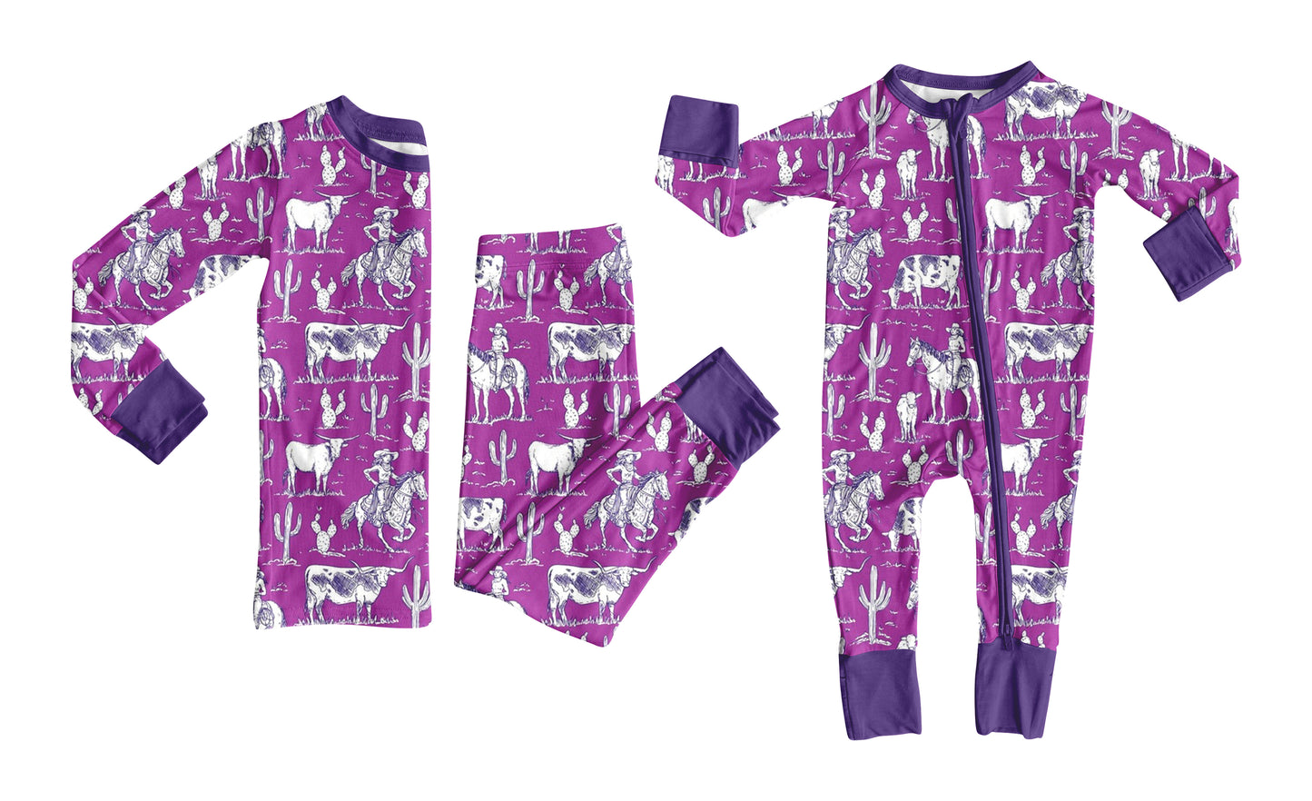 12.3 (Custom Design Preorder MOQ 20 Each Design) Cowgirl Hiaghland Cow Purple Print Girls Pajamas Matching Bamboo Clothes Sisters Wear