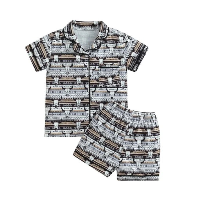 (Custom Design MOQ 5) Boys cow skull summer western shorts pajamas