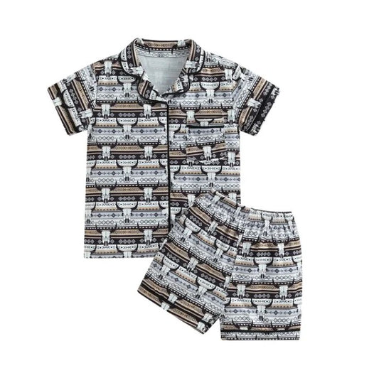 (Custom Design MOQ 5) Boys cow skull summer western shorts pajamas