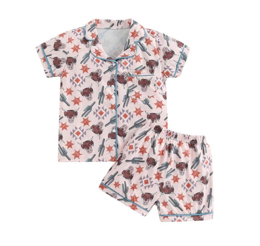 (Custom Design MOQ 5) Boys highland cow summer western shorts pajamas