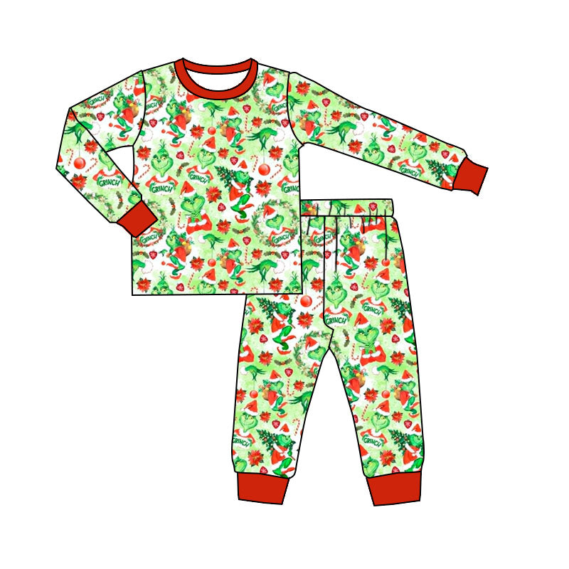 (Custom Design Preorder MOQ 5) Green Frog Print Kids Christmas Pajamas Bamboo Clothes Set
