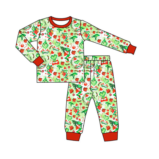 (Custom Design Preorder MOQ 20)  Green Frog Print Kids Christmas Pajamas Bamboo Clothes Set
