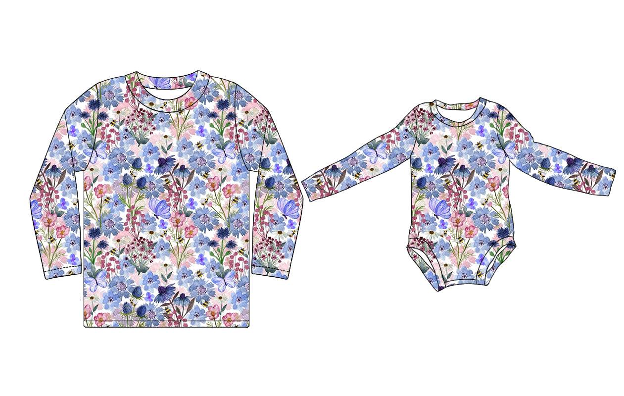 11.11(Custom Design Preorder MOQ 5 Each Design) Purple Flowers Print Adult Top Baby Romper Mom and Me Matching Clothes