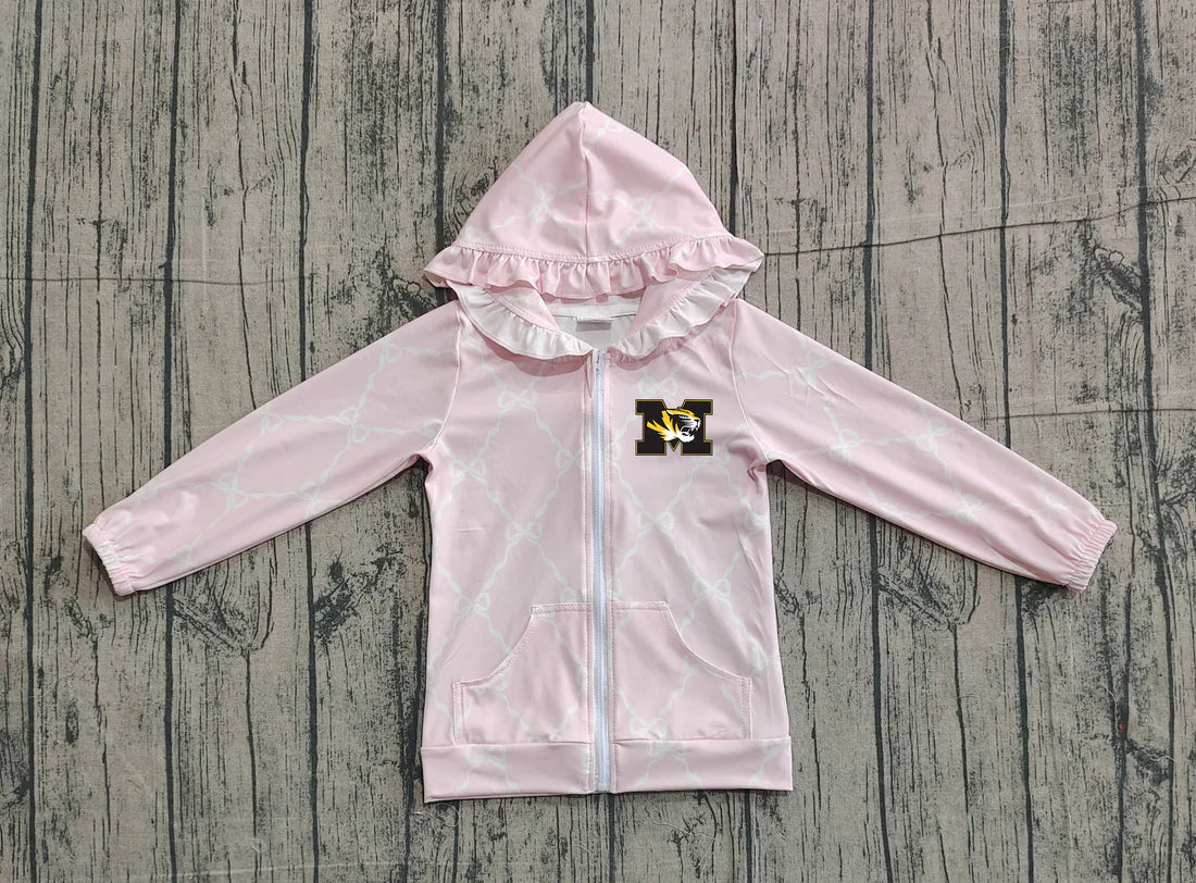 (Custom Design Preorder MOQ 5 Each Item) Team's Missouri Tigers Pink Bows Print Girls Fall Zipper Hoodie Jackets Top Mom and Me Matching Clothes