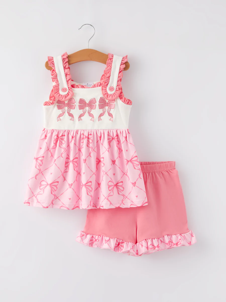 (Custom Design Preorder MOQ 5) Pink Bows Tunic Top Ruffle Shorts Girls Summer Clothes Set