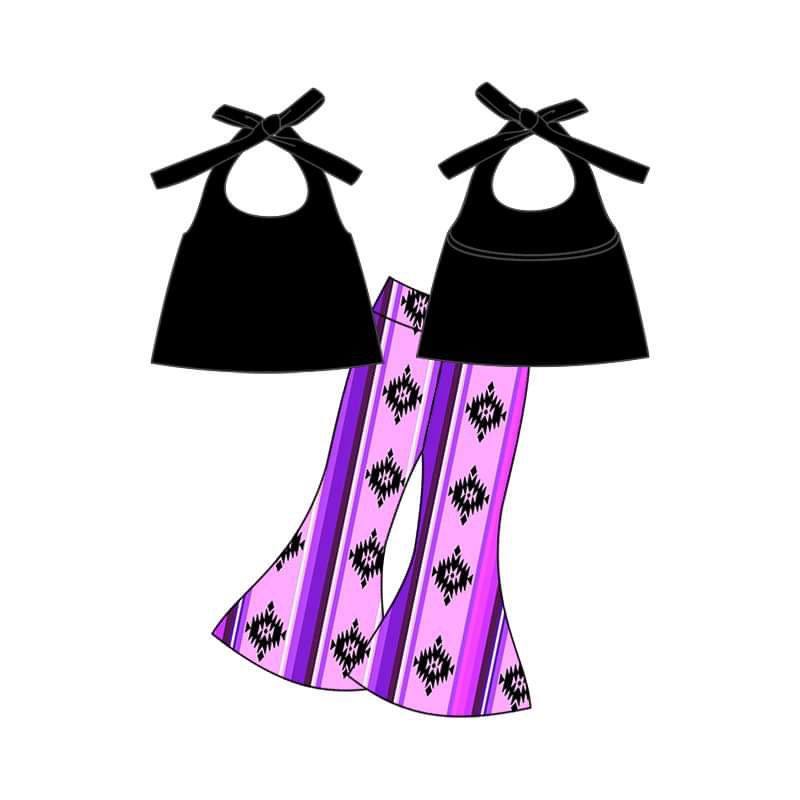 (Custom Design Preorder MOQ 5) Black Halter Top Purple Aztec Bell Pants Girls Western Clothes Sets
