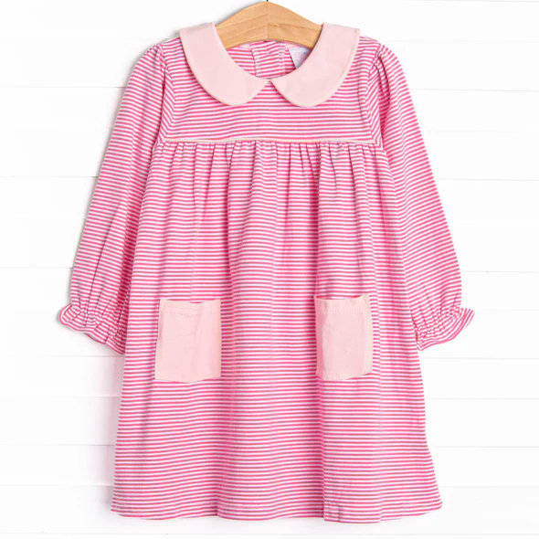 (Custom Design Preorder MOQ 5) Pink Stripes Print Girls Knee Length Fall Dress