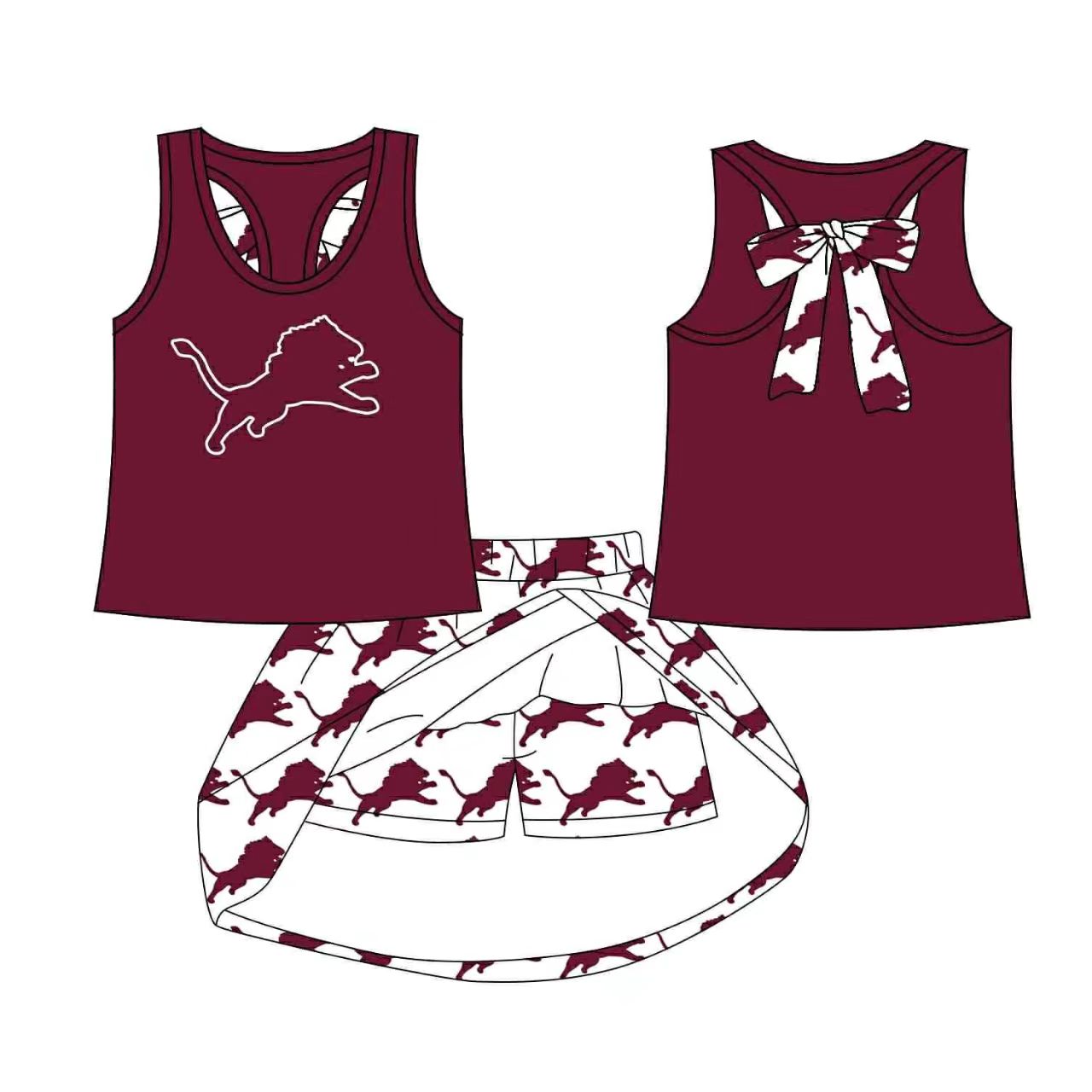 (Custom Design Preorder MOQ 5) Team's Lion Wine Top Skirts Shorts Girls Clothes Sets