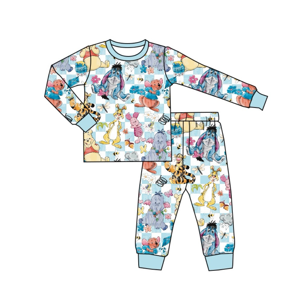 (Custom Design Preorder MOQ 20) Cartoon Animals Print Kids Fall Bamboo Pajamas Clothes Set