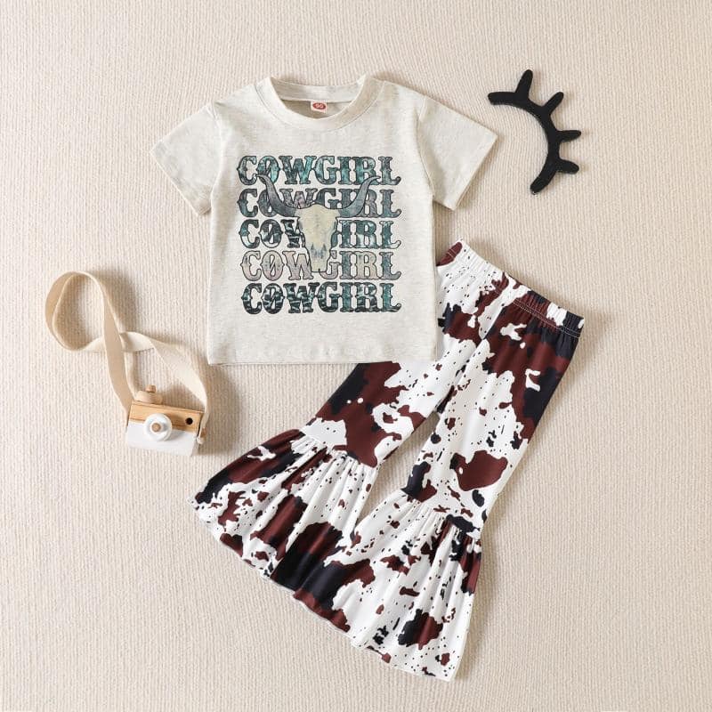 (Custom Design MOQ 5) Cowgirl skull top brown cowhide bell pants girls western clothes set