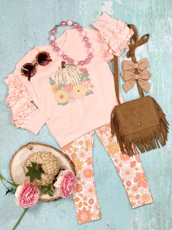 (Custom Design MOQ 5) Pink pumpkin flowers girls fall clothes set