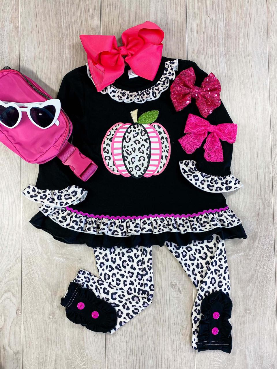 (Custom Design MOQ 5) Pumpkin leopard print girls fall clothes set