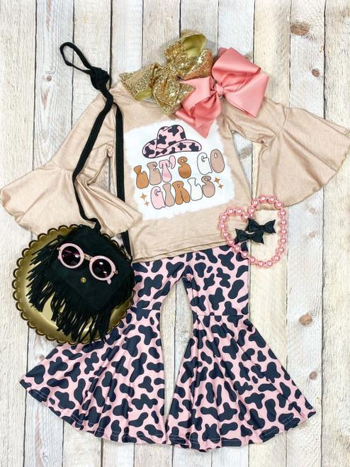 (Custom Design MOQ 5) Let's go girls cow print bell pants girls western clothes set