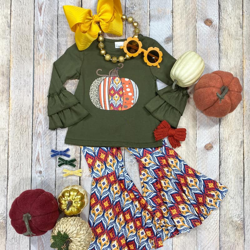 (Custom Design MOQ 5) Green pumpkin top aztec bell pants girls western fall clothes set