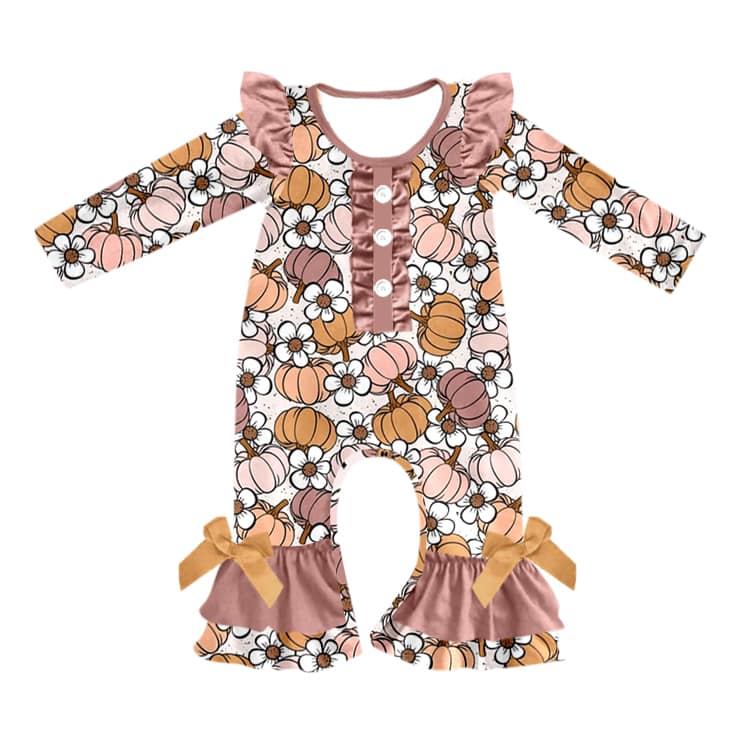 (Custom Design MOQ 5) Pumpkin flowers baby girl romper