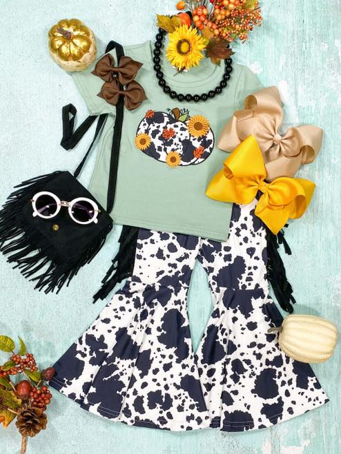 (Custom Design MOQ 5) Sunflowers pumpkin print bell pants girls fall clothes set