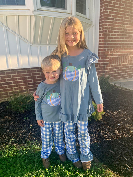 BLP0174 Boys pumpkin embroidery top blue plaid pants fall clothing sets