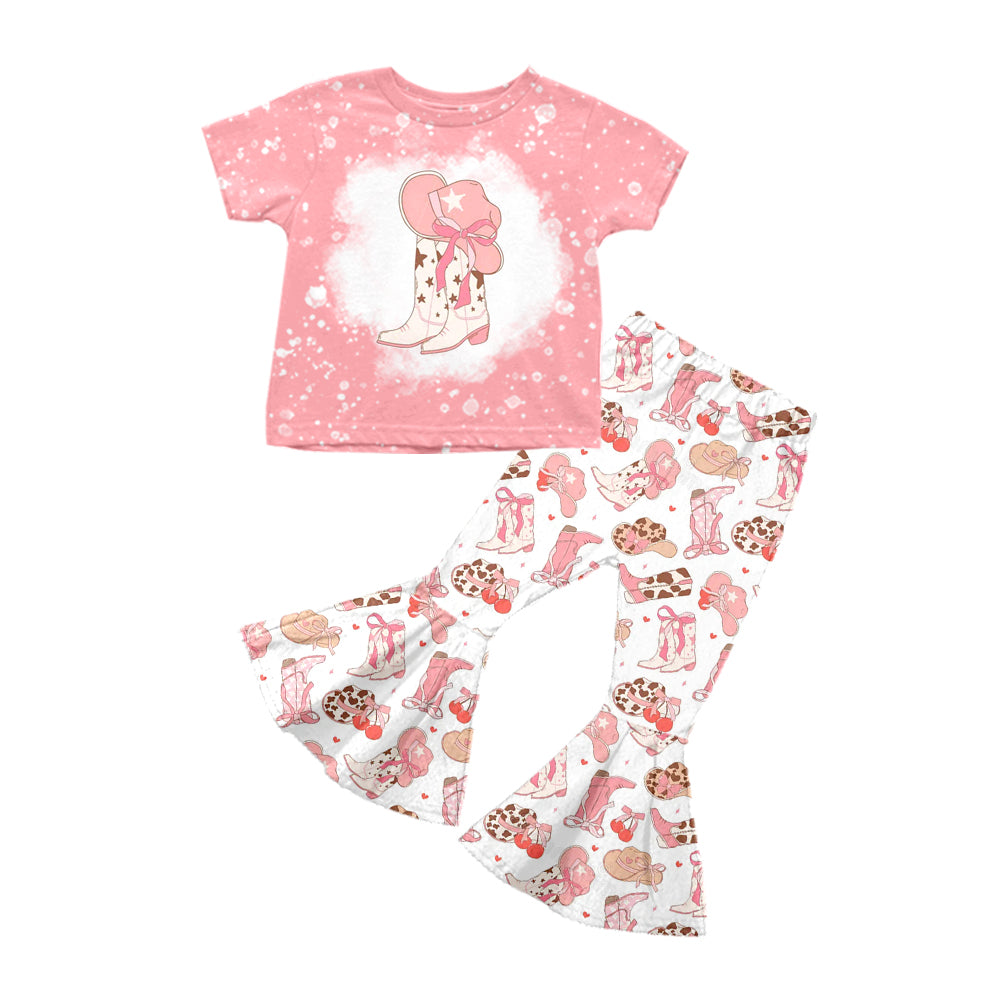 (Custom Design Preorder MOQ 5) Boots Hats Cherry Print Girls Bell Pants Clothes Set