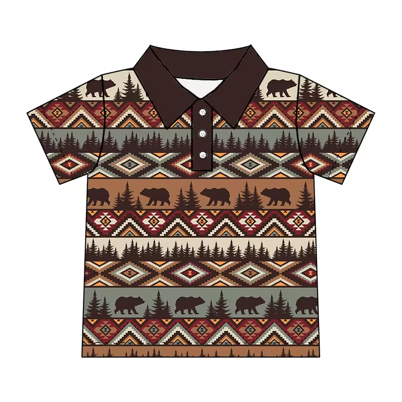 (Custom Design Preorder MOQ 5) Bear Aztec Print Boys Summer Western Polo Tee Shirts Top