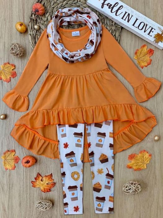 (Custom Design MOQ 5) Orange Tunic Top Pumpkin Legging Pants Girls Fall 3 Pieces clothes set