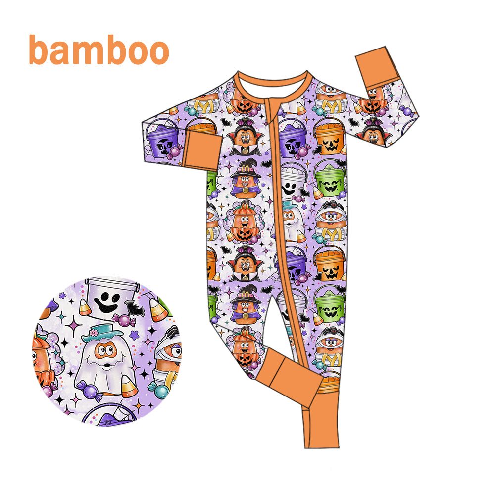 (Custom Design Preorder MOQ 20) Candy Print Baby Boys Halloween Long Sleeve Bamboo Sleeper Zipper Romper