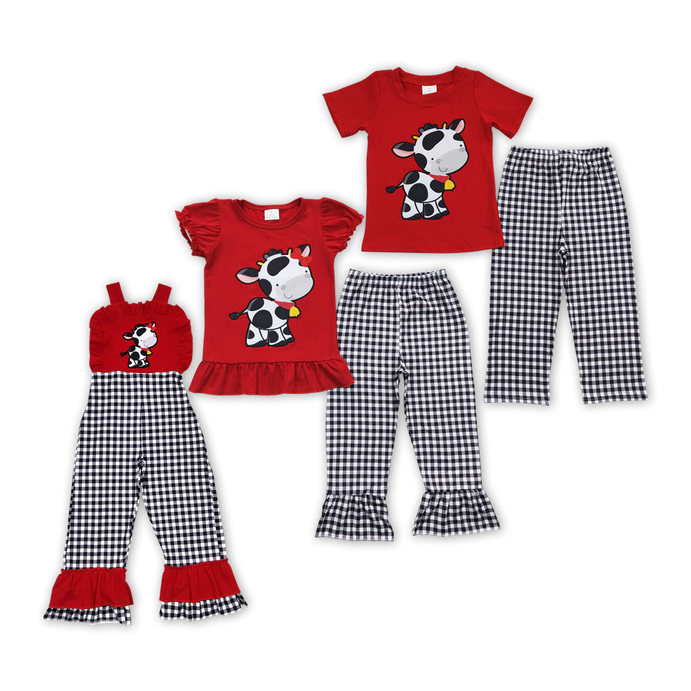 (Promotion)Cow Embroidery Red Top Plaid Pants Sibling Matching Clothes Set