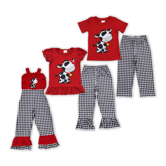 (Promotion)Cow Embroidery Red Top Plaid Pants Sibling Matching Clothes Set