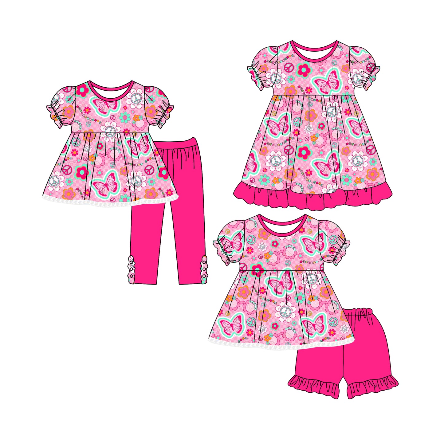 4.29(Custom Design Preorder MOQ 5 Each Design) Butterfly Flowers Print Girls Matching Clothes Sisters Wear