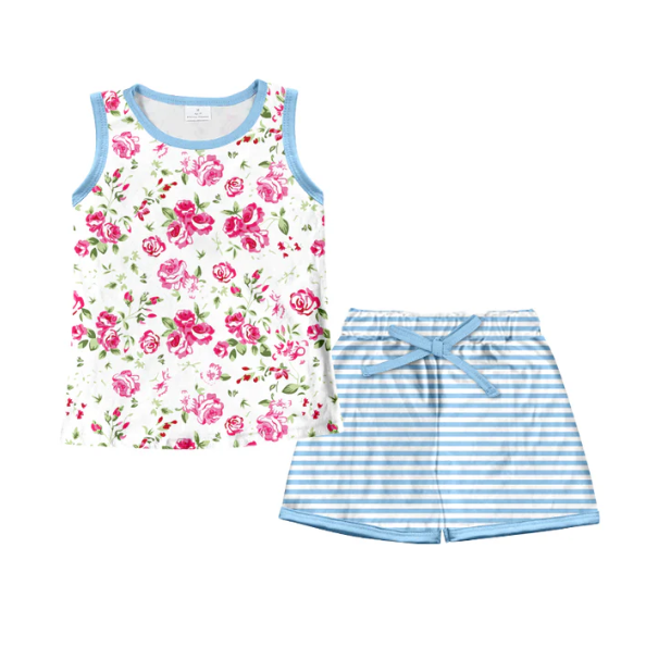 (Custom Design Preorder MOQ 5) Flowers Top Blue Stripes Shorts Girls Summer Clothes Set