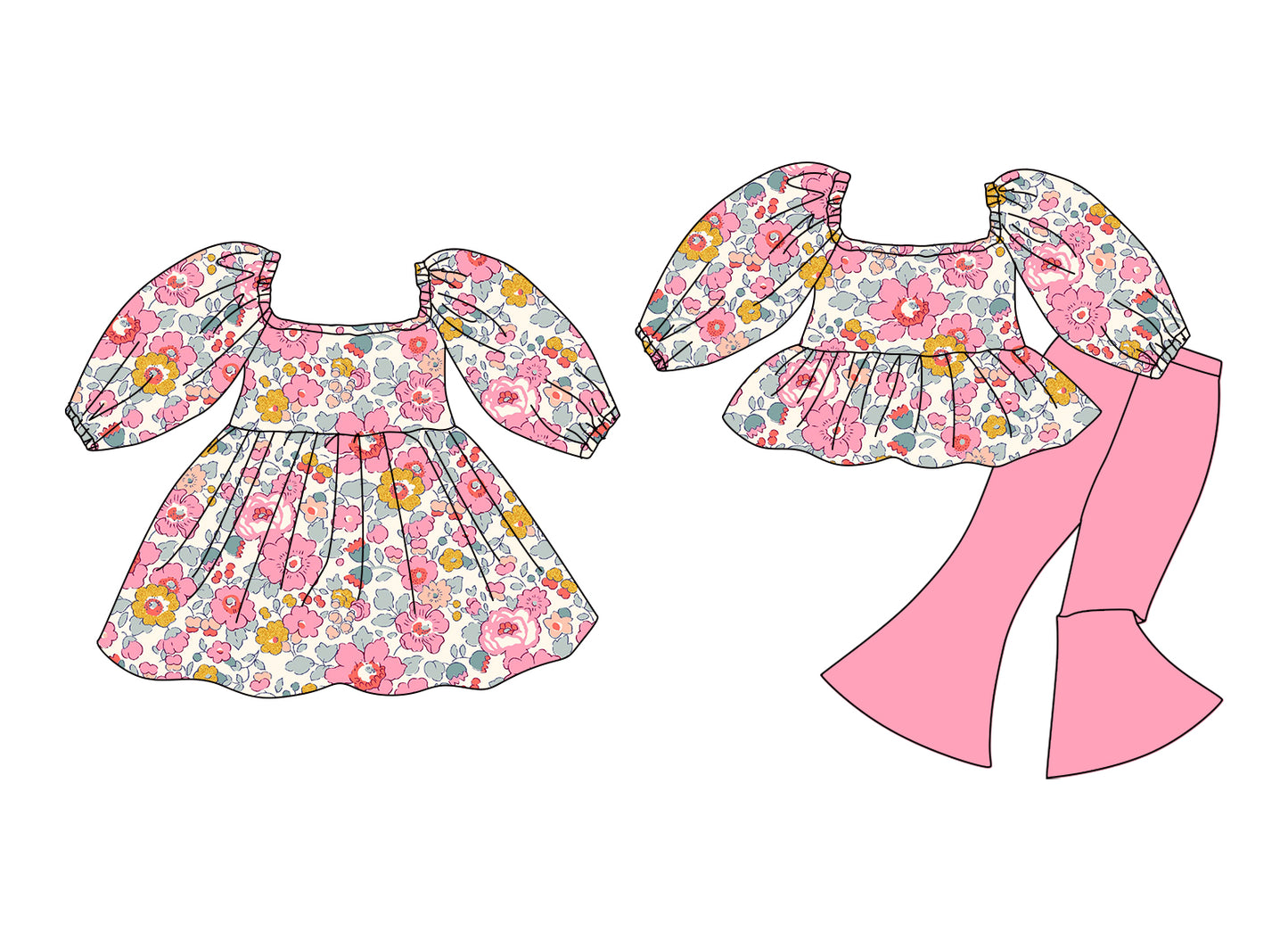 12.10 (Custom Design Preorder MOQ 5 Each Design) Pink Flowers Print Girls Matching Clothes Sisters Wear