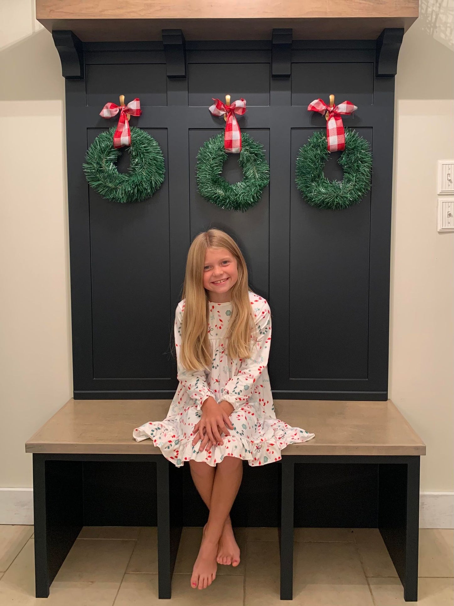 GLD0290 Christmas candy cane girls pajamas knee length gown dress