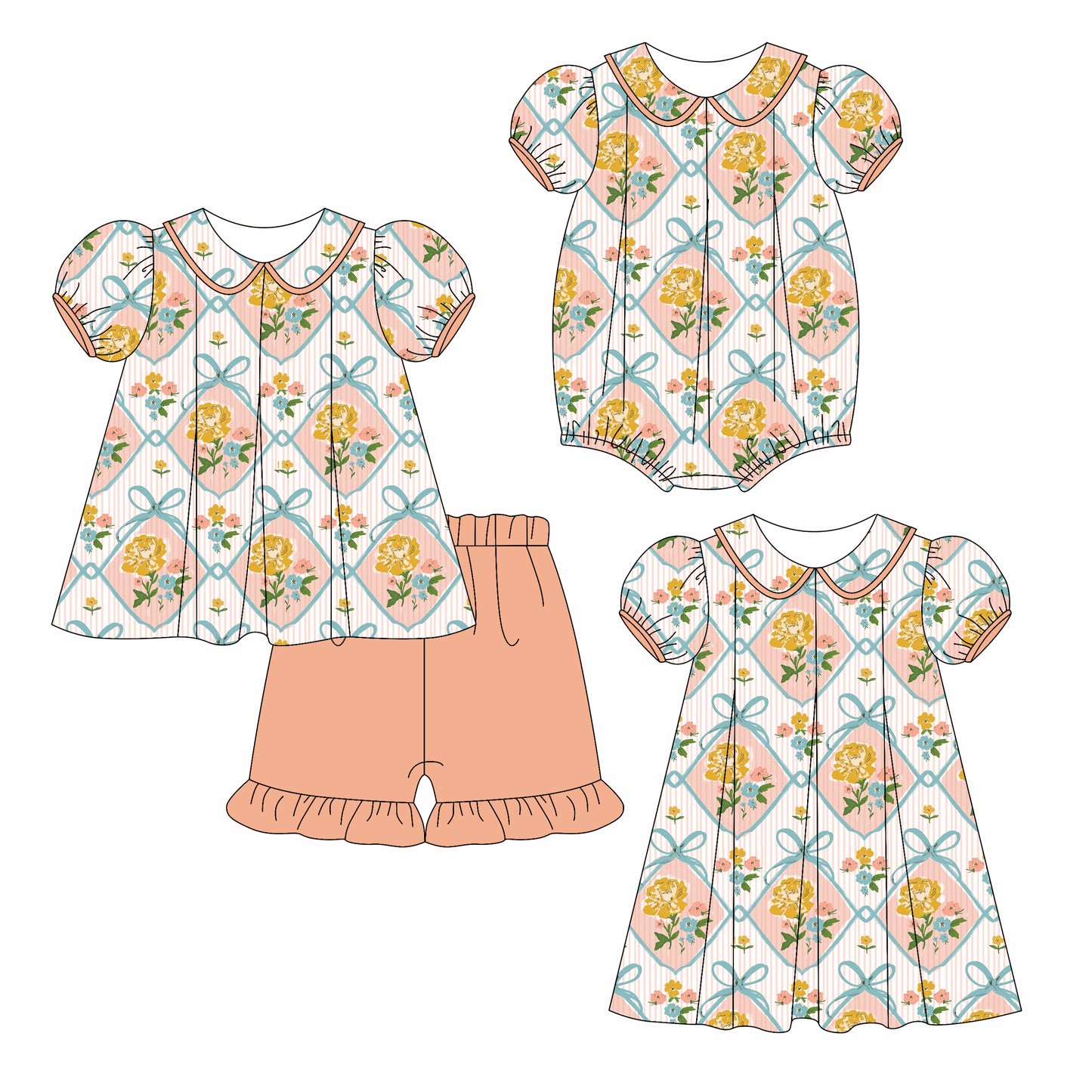 3.6(Custom Design Preorder MOQ 5 Each Design) Orange Flowers Print Girls Summer Matching Clothes Sisters Wear