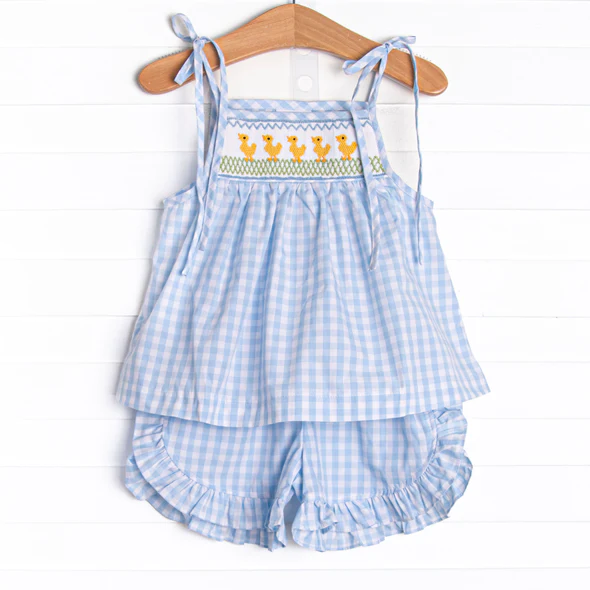 (Custom Design Preorder MOQ 5) Duck Plaid Tunic Top Ruffle Shorts Girls Summer Clothes Set
